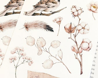 Natural tone Floral & Sparrow Washi sticker sheet/Gold-leaf Vellum sticker sheet