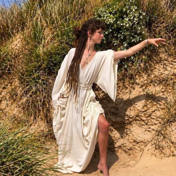 Vestido ritualístico de sacerdotisa celta | Vestido cerimonial da deusa lebre celta | Robe artesanal em juta e algodão | Roupa para festivais pagãos