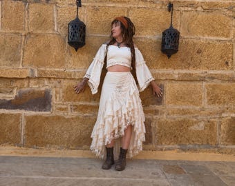 Beige Lace Frill Wrap Skirt, Flamenco Style Boho Skirt, Asymmetrical Dance Skirt, Artisan Cotton Statement Skirt