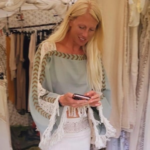 Boho Shamanic Top, Hand Block Print, Fringed Poncho Blouse