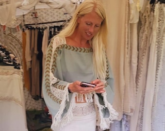 Sale, Boho Shamanic Top, Hand Block Print, Fringed Poncho Blouse