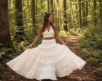 Slub Cotton Ruffle Maxi Skirt, Boho Tiered Skirt, Full Circle Spinning Skirt, Artisan Goddess Skirt, Handmade Ceremony Skirt
