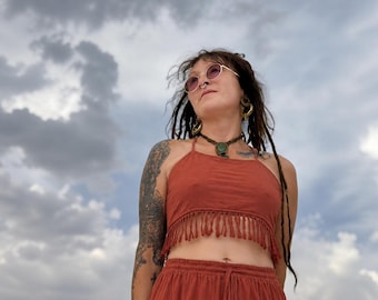 Terracotta Fringe Halter Top, Festival Crop Top, Boho Halter Top, Artisan Cotton Top, Hippie Clothing