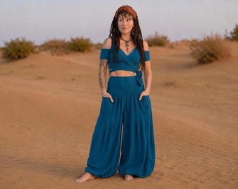 Loose Yoga Pants. Blue Balloon Trousers, Travel Pants, Boho Pants, Blue Harems, Pocket Pants, Festival Wear, Yoga Wear, Ladies Tai Chi Pants