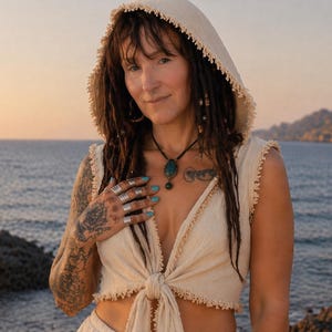 May include: Cream-coloured hooded top with a tie front and fringed edges. The top is paired with a matching skirt. The model is wearing multiple silver rings and a turquoise pendant necklace. The background features a seascape.