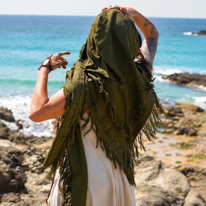 Green Hooded Scarf Cape, Raw Cotton Fringed Shawl, Psylo Burning Man Style