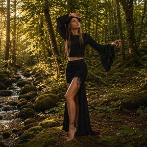 May include: A person in a black crop top and skirt stands in a forest with a stream. The long-sleeved top has flared sleeves. The skirt has a high slit and drawstring detail. The forest is lush with green foliage and sunlight.