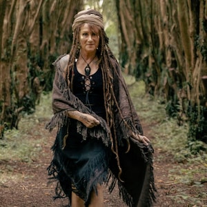 brown, raw cotton shawl with block print and fringe tassels