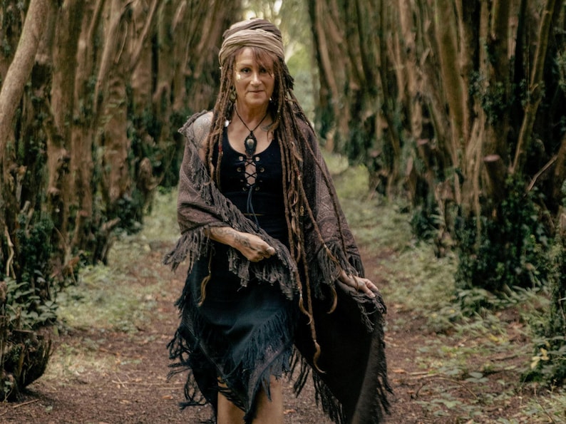 brown, raw cotton shawl with block print and fringe tassels