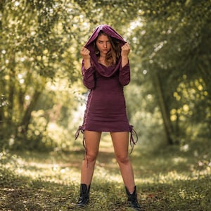 Elven Hooded Dress, Plum Cotton Jersey, Pixie Boho Mini Dress, Cowl Neck, Lace Up Fairy Witch Festival Pagan Gothic Costume Outfit