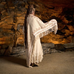 Free Spirit Tribal Fringe Shawl -Dystopian, Desert Dunes Outfit. Psylo Outfit, Medicine, Ceremonial Robes. Hand Block Print.