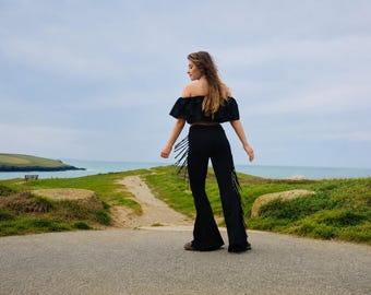 Fringe Pants, Bell Bottoms, Flared Leggings, Fringed Flared Pants, Boho Trousers, 60's Fashion, Tribal, Festival, Burning Man, Hippie Pants