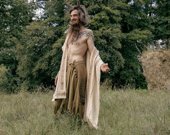 Heilige sjamaangewaad, ceremoniële poncho van ruw katoen, tribale rituele mantel, medicijnman-gewaad, ambachtelijk spiritueel kledingstuk, handgemaakt Slow Fashion