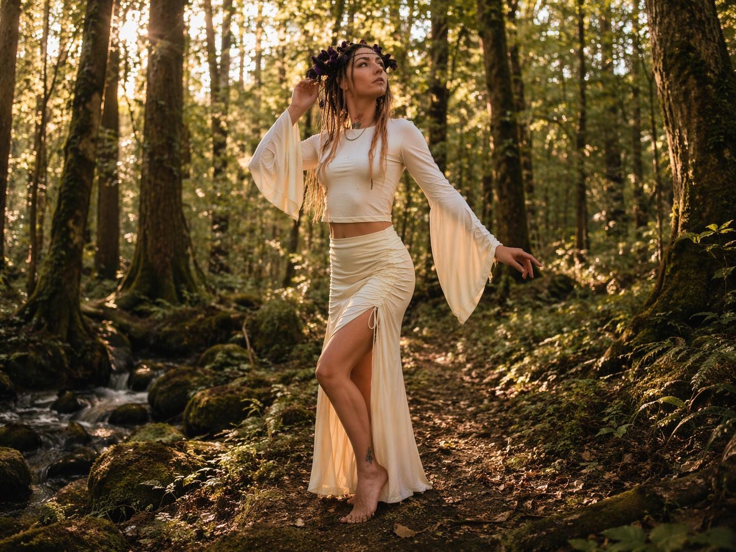 Elven White Maxi Skirt – Scrunched Side Festival Skirt – Boho