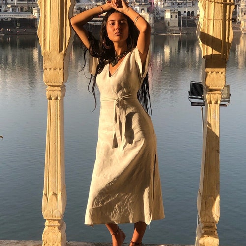 sustainable boho dresses Boho dress in sustainable silk blend with tassel ties