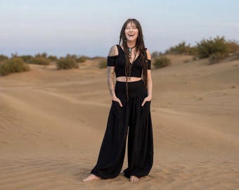 ブラックハーレムパンツ ルーズフィット ヨガパンツ コンフォートフィット トラベルパンツ レディース ヨガウェア レディース ハーレム ブラック トラウザーズ ラウンジウェア