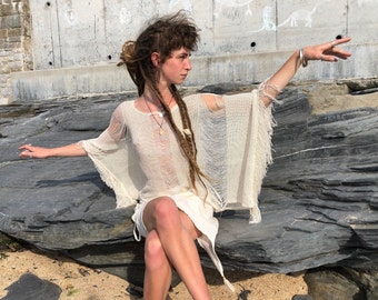 Burning Man salie-top met franje – doorzichtig katoenen net, dystopische stijl