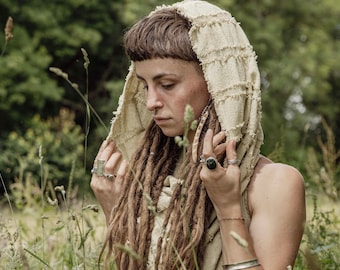 Top con capucha y cuello alto / Espalda descubierta, estilo élfico, de algodón y yute