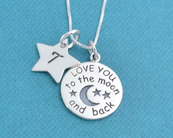 Little girl's I love you to the moon and back necklace in sterling silver on a 14" sterling silver box chain and hand stamped star.