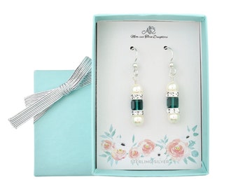 Personalized Birthday Earrings with 6mm Pearls, Crystal Birthstones, and Silver Plated Crystal Squaredelles