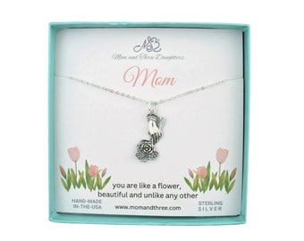 Sterling Silver Hand Holding a Flower Bouquet Charm Hanging from a Sterling Silver Cable Chain. Mother's Day Gift.