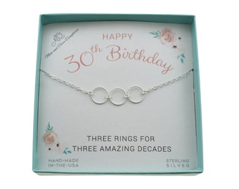 Three Ring 30th Birthday Necklace in Sterling Silver on an 18" Sterling Silver Cable Chain. Birthday Gift.