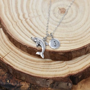 Dolphin Necklace with Personalized Initial in Sterling Silver. Dolphin Jewelry. Animal Jewelry.