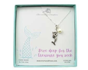 3D Mermaid Charm with Austrian Crystal Pearl Suspended on a Cable Chain. Enchanting Mermaid Necklace.