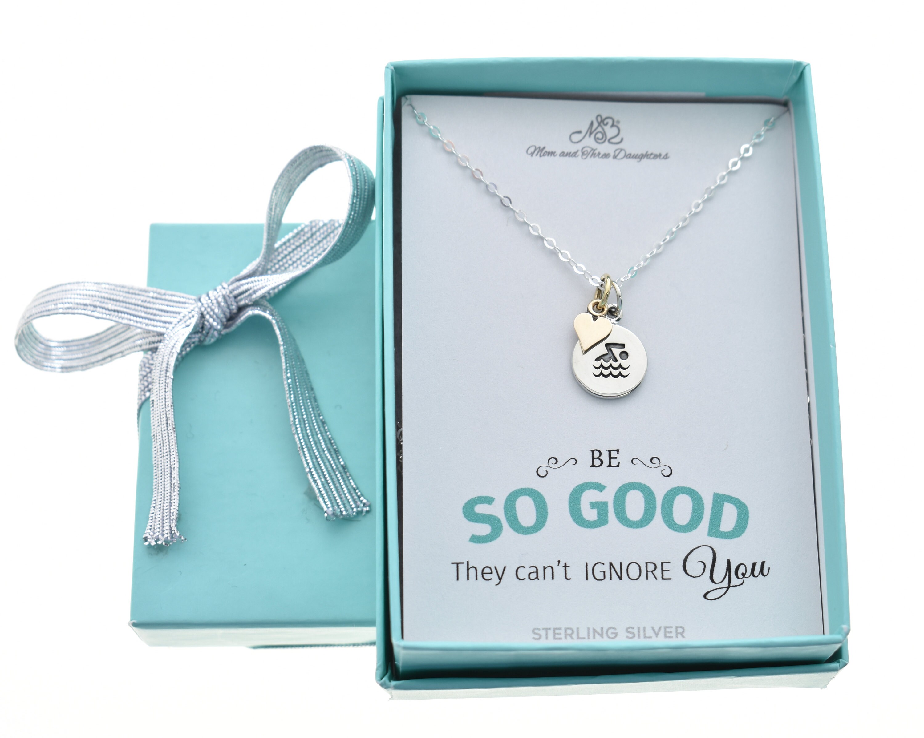 Sterling Silver Swimming Charm Necklace: Bronze Heart Accent