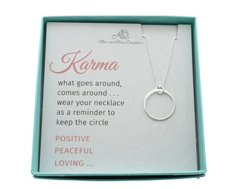 Woman's Karma sterling silver circle charm pendant on an 18" sterling silver box chain. Karma necklace. Karma jewelry. Sterling circle gift.