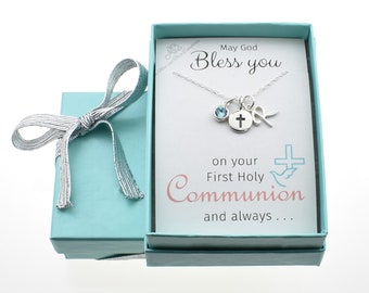 First Communion gift personalized.  Sterling Silver Cross with Sterling Initial and Birthstone Crystal on a Sterling Cable Chain.