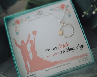 Collar de plata de ley con círculo y corazón de bronce, regalo de boda para la novia