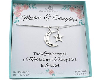 Mother Daughter Necklace Set.  Mother Daughter Jewelry.  Love you to the moon and back.  Gift for mom.  Gift for her. Mothers Day. XO