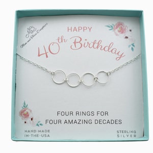 Four Ring 40th Birthday Necklace in Sterling Silver on an 18&quot; Sterling Silver Cable Chain. Birthday Gift.