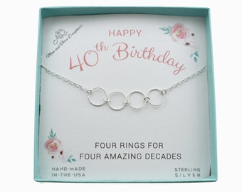 Four Ring 40th Birthday Necklace in Sterling Silver on an 18" Sterling Silver Cable Chain. Birthday Gift.