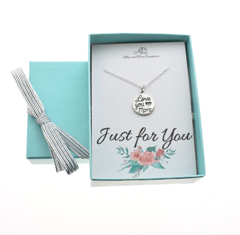 Little girl/'s Love You More charm pendant in sterling silver on an 14 sterling silver cable chain Little girls jewelry. Love you necklace