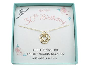 Collar de 30 cumpleaños. Dije de bronce con círculos infinitos. Tres anillos para tres décadas.
