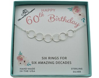 Six Ring 60th Birthday Necklace in Sterling Silver on an 18" Sterling Silver Cable Chain. Birthday Gift.