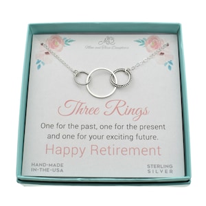 Retirement gifts for women.  Three circle necklace. Sterling silver necklace. Retirement necklace for women, teacher, coworker.