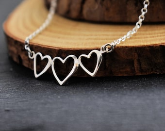 Dainty Triple Heart Bracelet in Sterling Silver. Gift for Mother from Children. Gift from Husband. Gift for Wife.