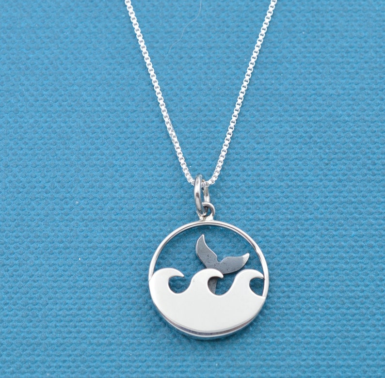 Wave necklace Mermaid Whale Tail in Ocean Waves in Sterling Silver on Sterling Silver 18 Rolo Chain Mermaids. Whale Tail Beach jewelry
