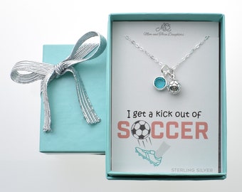 Personalized Soccer Necklace in Sterling Silver. Custom Initial and Birthstone. Soccer Necklace. Gift for Soccer Player.