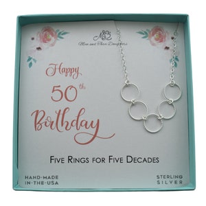 Five Ring 50th Birthday Necklace in Sterling Silver on an 18&quot; Sterling Silver Cable Chain. Birthday Gift.