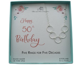 Five Ring 50th Birthday Necklace in Sterling Silver on an 18" Sterling Silver Cable Chain. Birthday Gift.