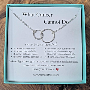 May include: A silver-toned necklace with two interlocking circular pendants presented in a light blue box. The card features the text What Cancer Cannot Do, cancer is so limited, and a list of eight inspirational phrases about overcoming cancer.
