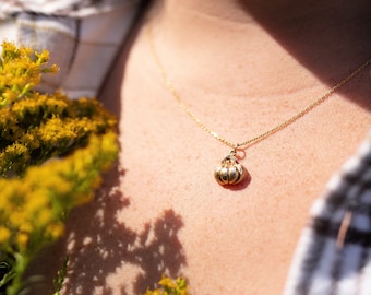 Bronze Dimensional Pumpkin Necklace on a Gold Filled Cable Chain. Fall Jewelry. Pumpkin Necklace.