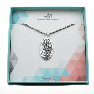 Boy&#39;s or Men&#39;s Saint Christopher Medal necklace in sterling silver on an oxidized sterling silver box chain. St. Christopher Medal gift.