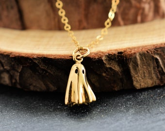 Bronze Ghost Necklace on a Gold Filled Cable Chain. Halloween Jewelry. Halloween Necklace.