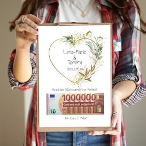 Cadeau de mariage : carte-cadeau en argent avec un cœur personnalisé | Affiche cadeau mariage | Affiche cadeau mariage Votre premier million PDF