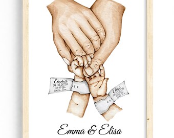 Personalized birth announcement of twins' hands, baby poster, birth gift, birth poster, baby present, christening girl, boy